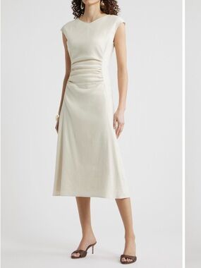 Nordstrom Cream Ruched Cap-Sleeve Midi Dress